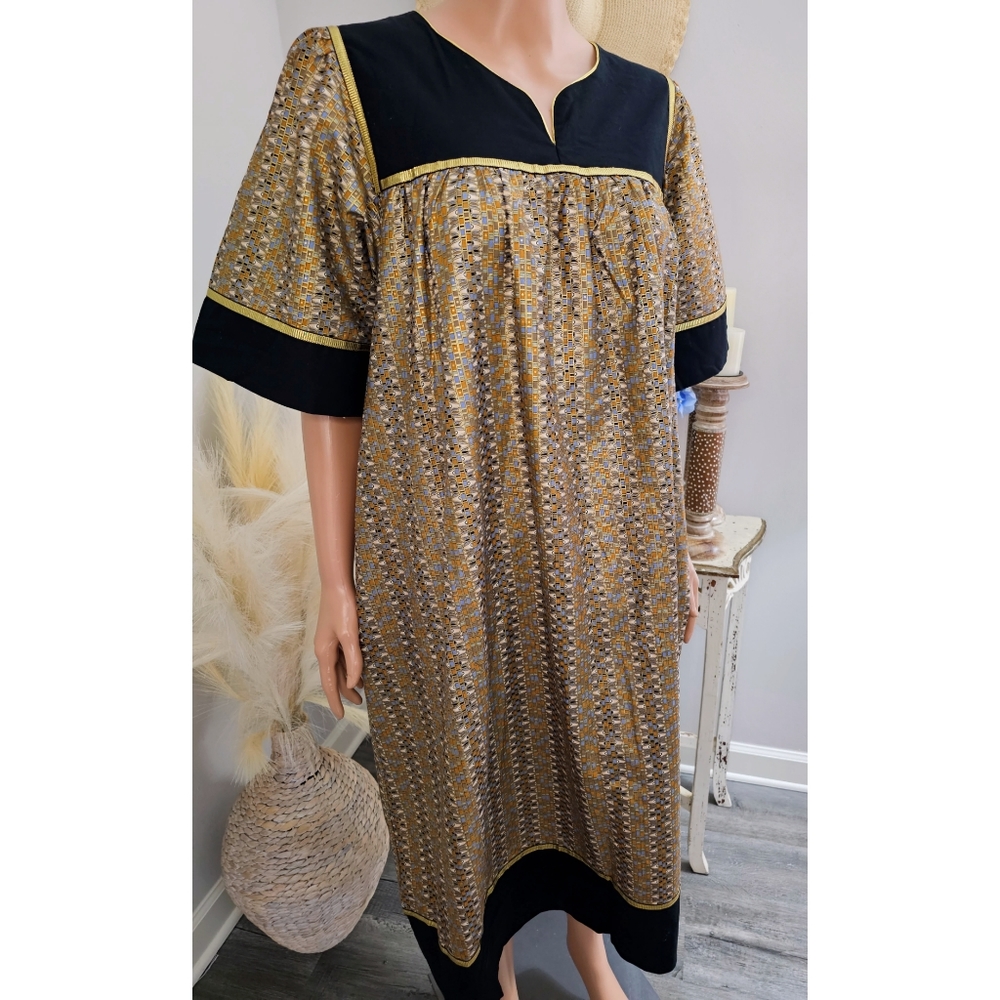 Retro Medium Krist Gudnason Gold Black Vintage Trapeze Caftan Bell Midi Dress